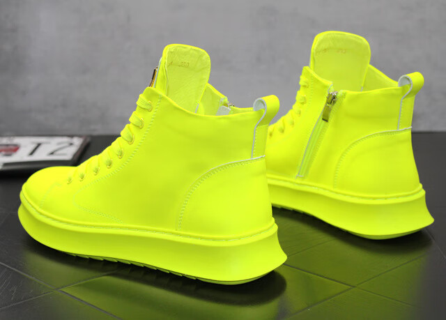 小白鞋男韩版潮流百搭高帮鞋板鞋荧光绿理发店发型师鞋子男内增高