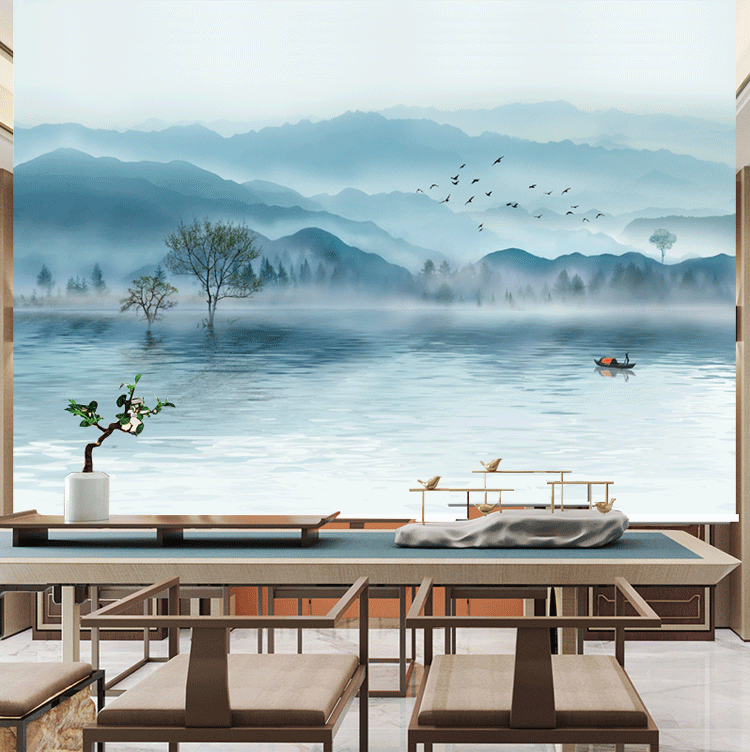 山水画风景窗帘办公山水风景画卷帘窗帘免打孔遮光遮挡卷拉升降客厅