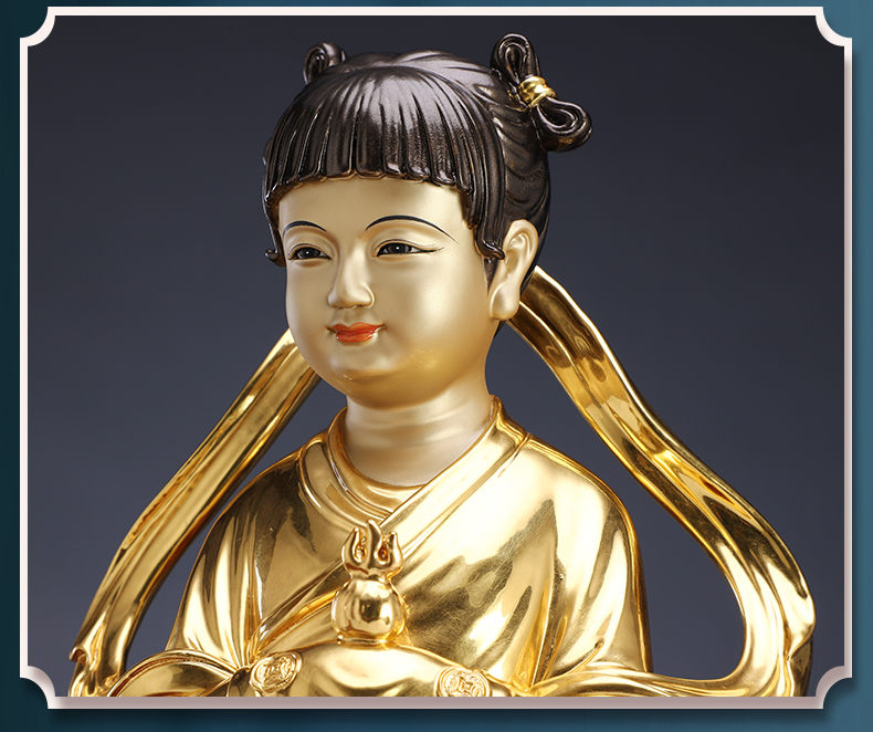 九黎圆通台湾纯铜贴金善财童子龙女金童玉女家用观音菩萨佛前侍奉摆件