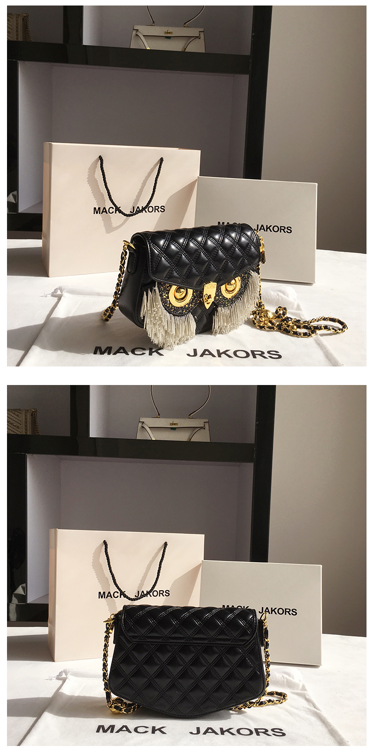 香港mackjakors真皮小众包包女镶钻菱格猫头鹰小包单肩斜挎包 白色