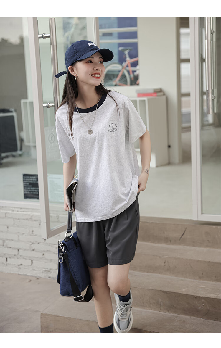 岚烨韩版少女风简约百搭白色t恤女宽松韩版撞色圆领纯棉短袖女学生