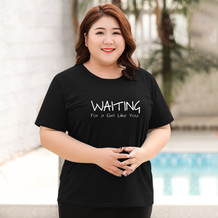 加肥加女装短袖t恤女200斤胖子衣服印花显瘦体恤衫240斤遮肚圆领a016