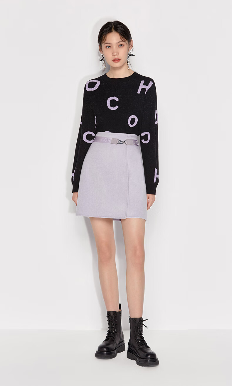 ochirly欧时力2022新款春装双面呢羊毛织带高腰半身裙浅紫760xs