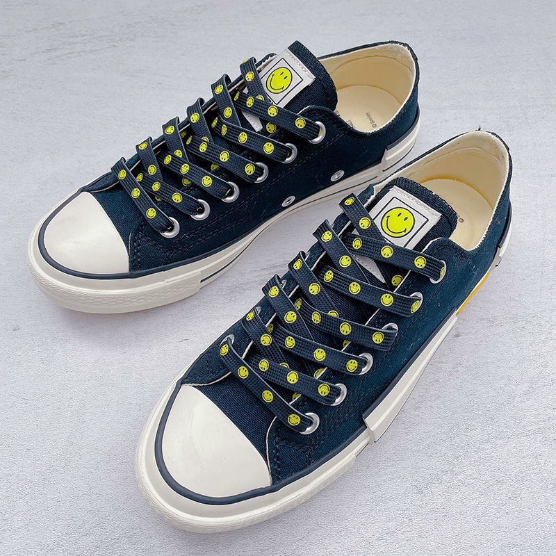适配smileyoriginals高低帮笑脸帆布鞋女黑白黄色笑脸鞋带绳扁平白底