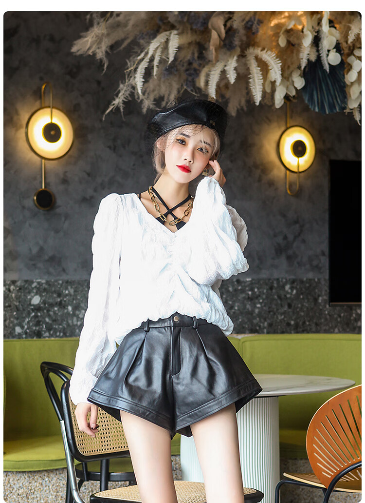 搭配皮裤阔腿皮裤女秋冬新款真皮a字超短皮短裤绵羊皮显瘦净版黑色裤