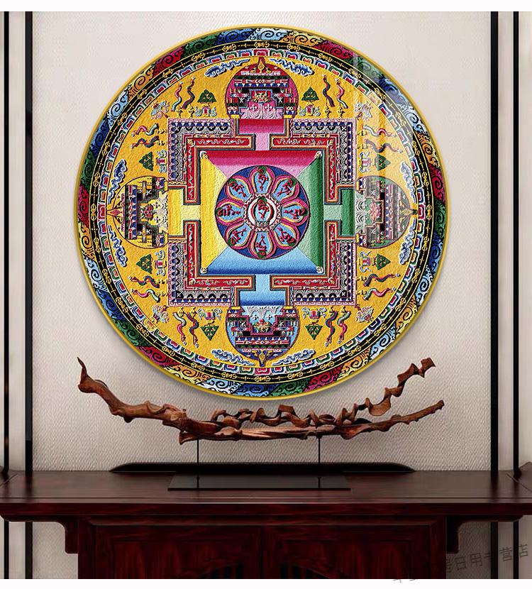 唐卡挂画现代简约玄关装饰画西藏黑金坛城佛堂咒轮画圆形壁画a款直径