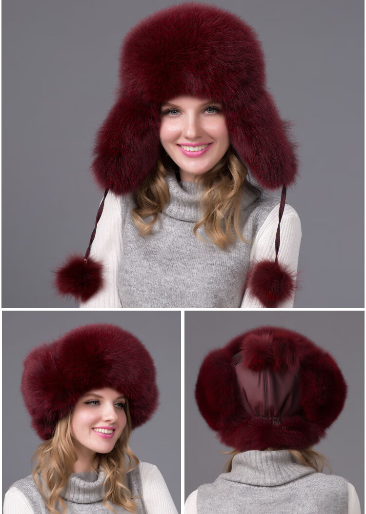 俄罗斯零下40度雪地防寒帽子真狐狸毛皮草雷锋帽女整皮貉子毛冬帽 深