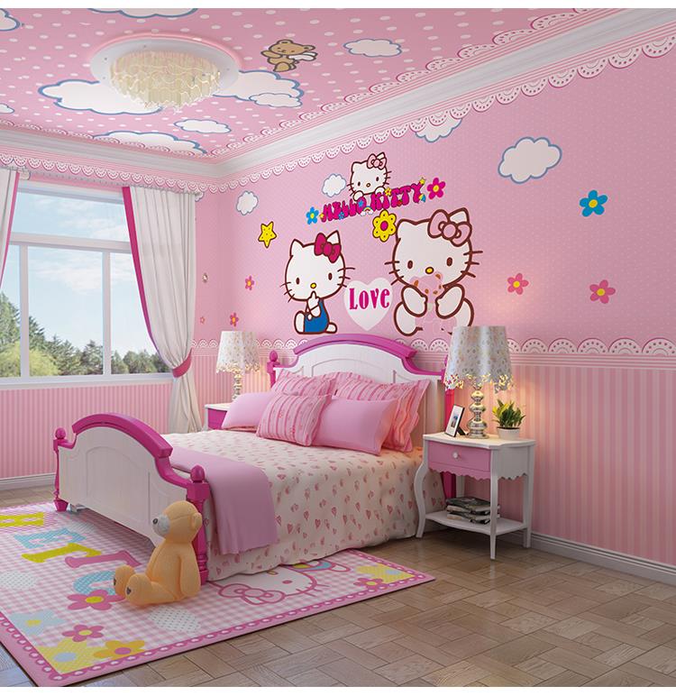 儿童主题壁纸凯蒂猫壁画女孩粉色公主房卧室墙纸kitty猫装饰墙布 浮雕