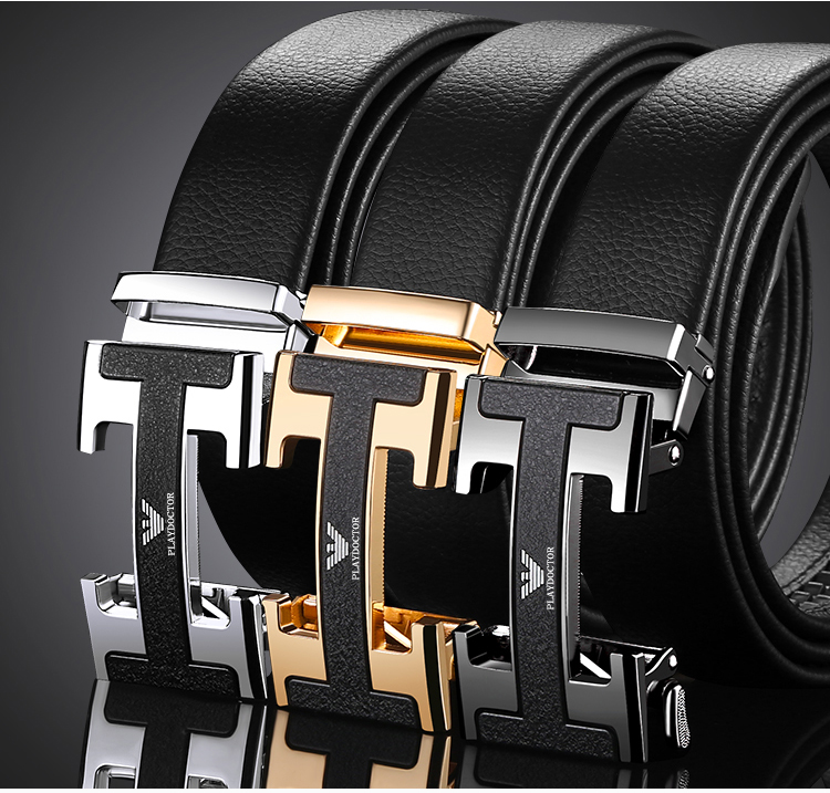 新款h标男士皮带男自动扣时尚青年人百搭牛皮裤腰带男黑色镂空银长度