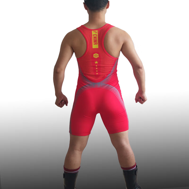 摔跤服中国队20172018版吕小军比赛同款连体举重连体紧身衣蓝色xl