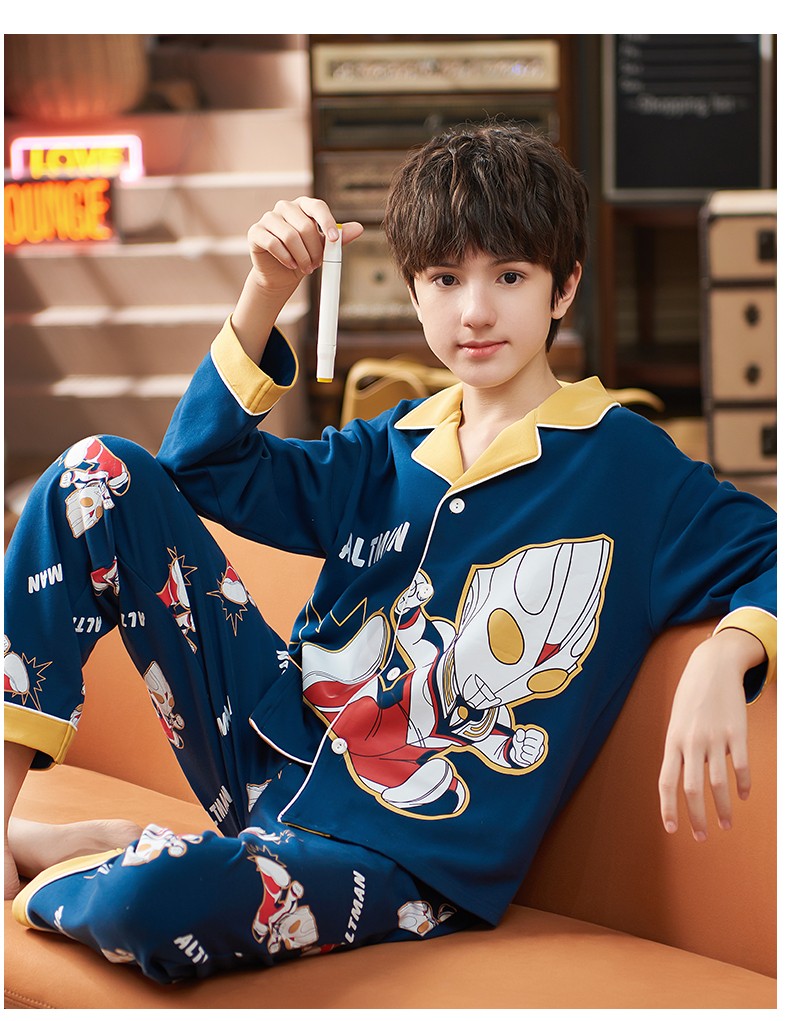 新品新春秋睡衣男童长袖开衫奥特曼赛罗中大童815岁家居服青少年c