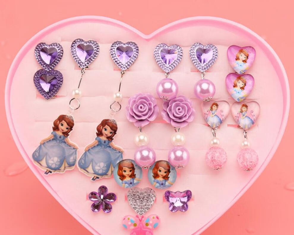 儿童首饰耳坠耳夹耳环无耳洞宝宝公主可爱卡通女孩女童假耳钉饰品粉色