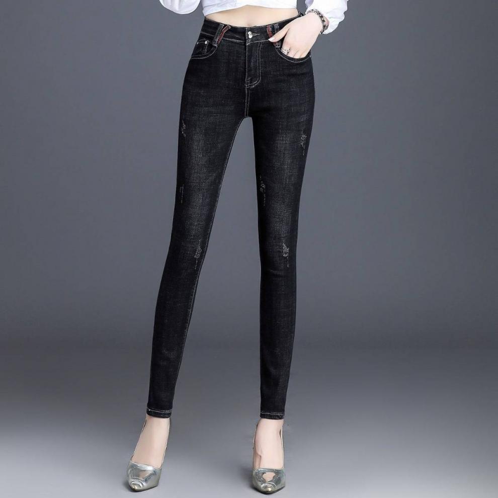 牛仔裤女秋冬季修身显瘦弹力学生铅笔裤百搭韩版小脚裤女1098黑色加绒