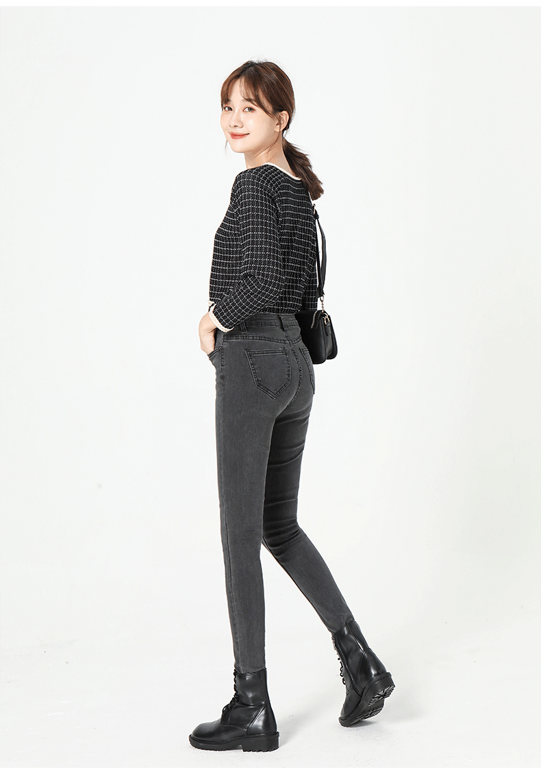 xiyichuの原创烟灰色牛仔裤女高腰显瘦2021新款秋冬修身弹力紧身小脚