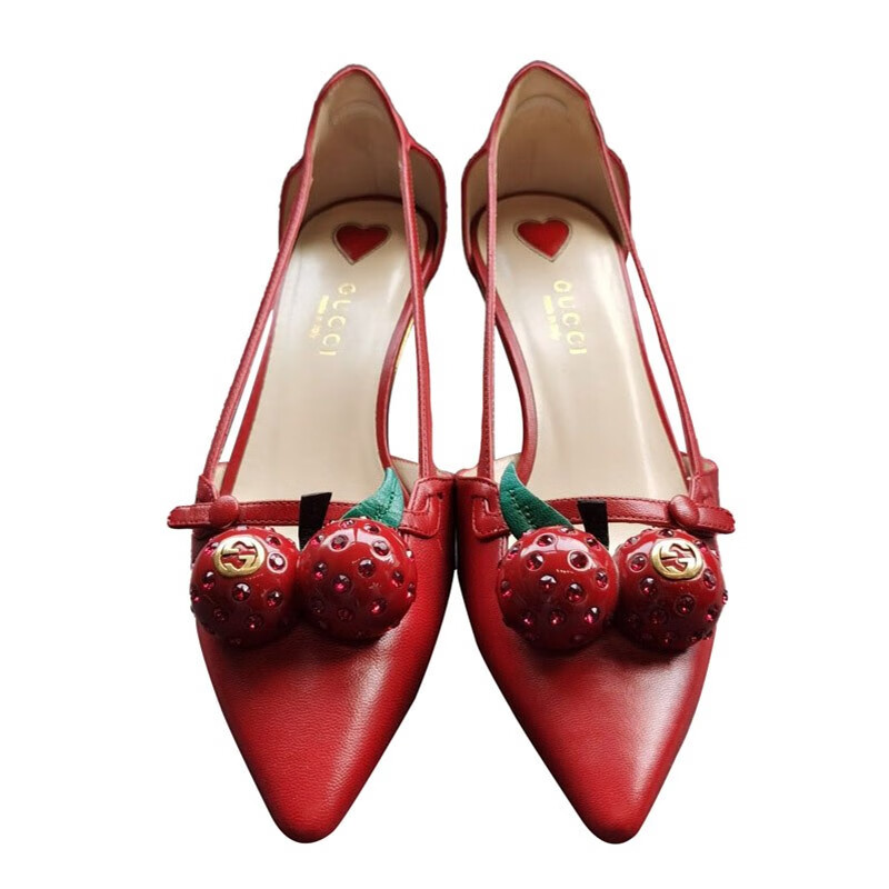 gucci古驰红色经典logo标志樱桃装饰女士尖头高跟鞋国内现货红色欧码