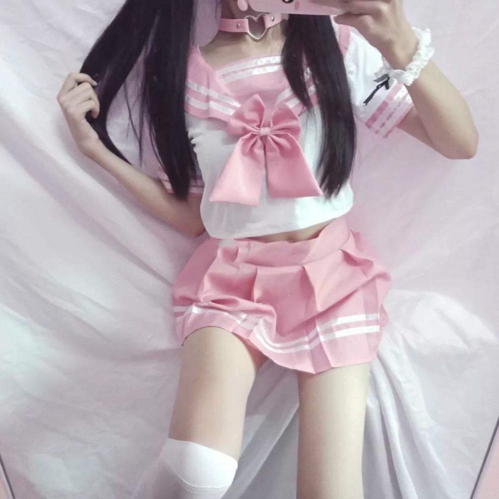 正统软妹水手服cos百褶裙粉色蝴蝶结露脐短袖短裙jk制服套装情趣内衣