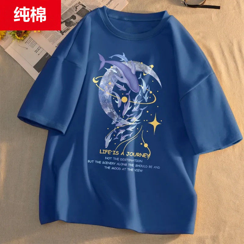 纯棉短袖恤女宽松版新款百搭半袖体恤上衣服浅蓝色蓝色鲸鱼m纯棉面料