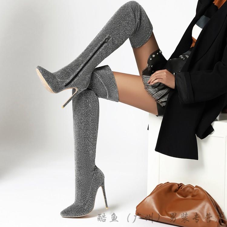 大码伪娘超高跟长筒靴过膝长靴弹力瘦瘦靴长筒女性感高跟细跟尖头银色