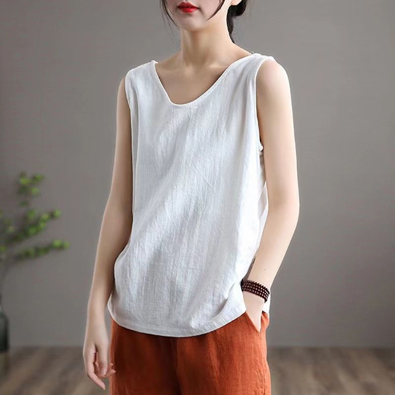 女装文艺宽松无袖亚麻复古工字外穿t恤吊带黄色单件棉麻小背心m80100