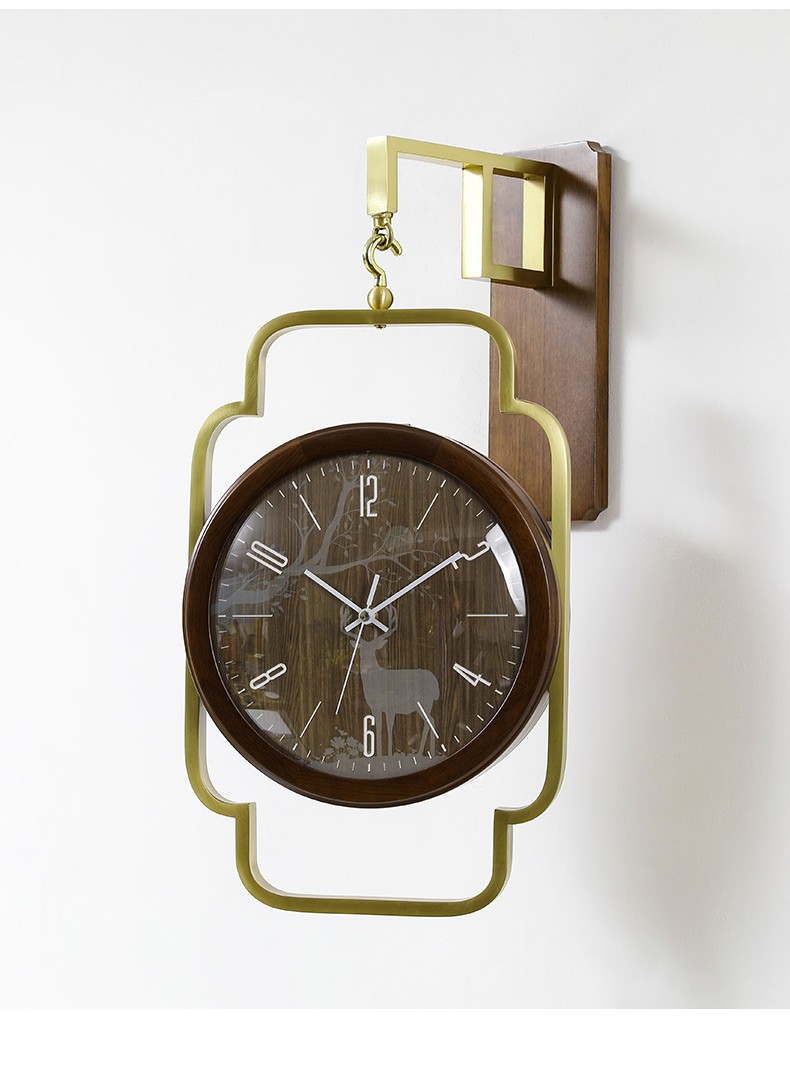 轻奢高端新中式双面纯铜挂钟实木轻奢两面时钟客厅家用墙壁挂表壁挂式