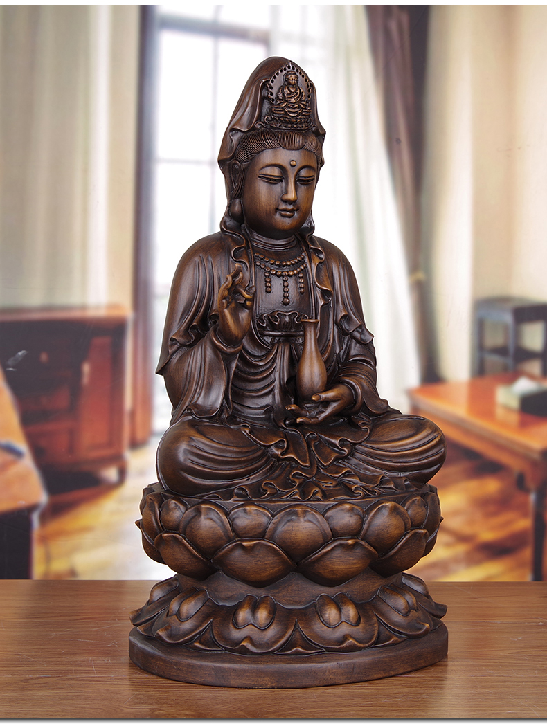 实木雕观音摆件大号木质坐莲观世音菩萨神像家用供奉观音佛像 小号