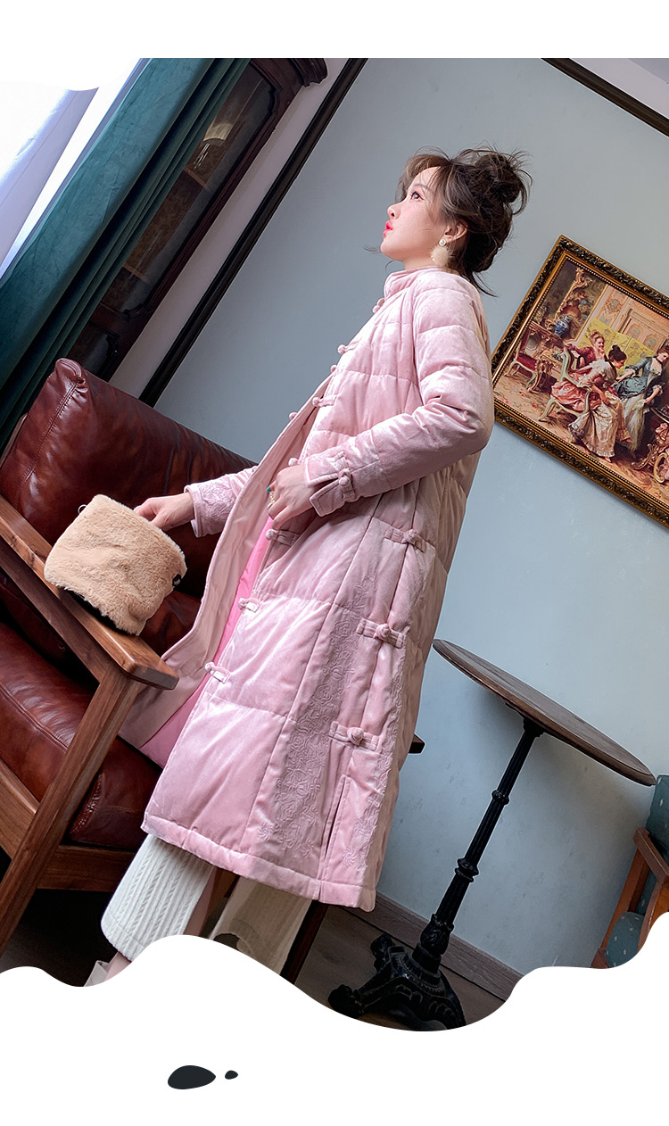 柳郡中式复古羽绒服中国风绣花女秋冬时尚白鸭绒中长款保暖外套藕粉s