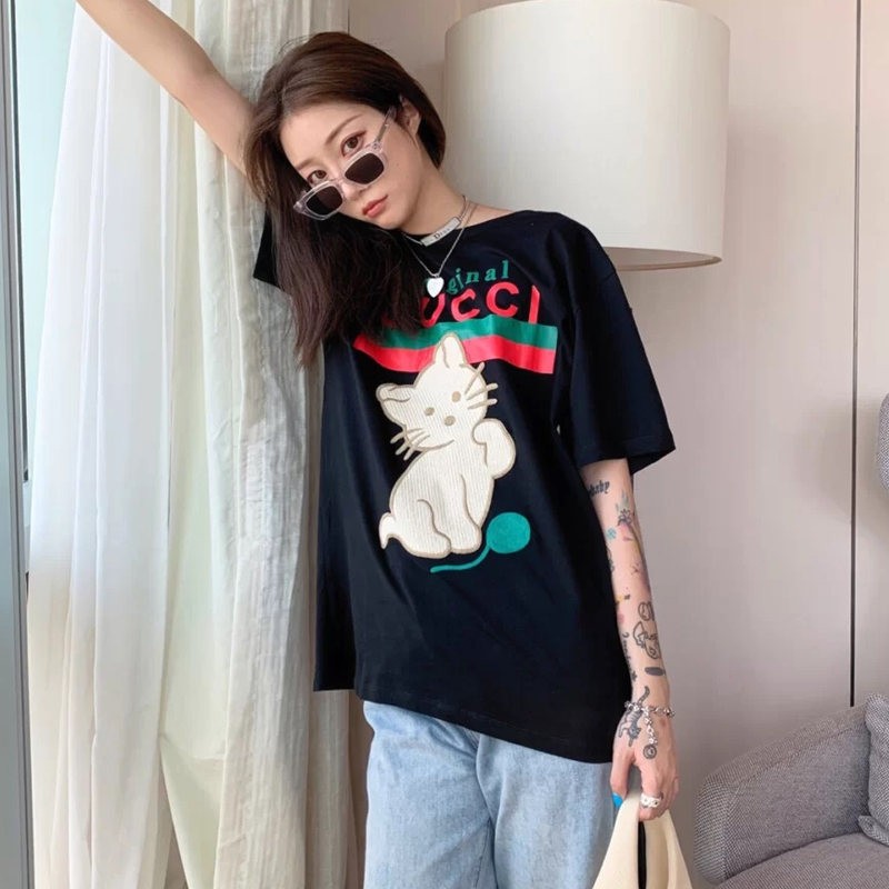 gucci古驰短袖t恤 女士饰猫咪贴饰印花短袖t恤预售代购 黑色 615044