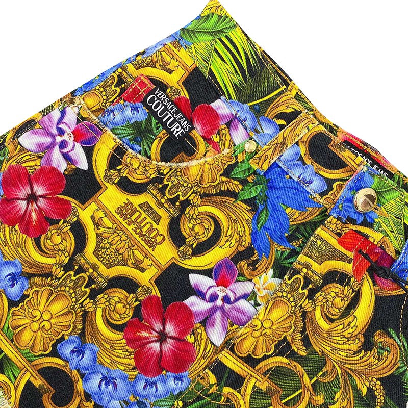 奢versace范思哲经典巴洛克印花女士牛仔裤短裤at现货印花26