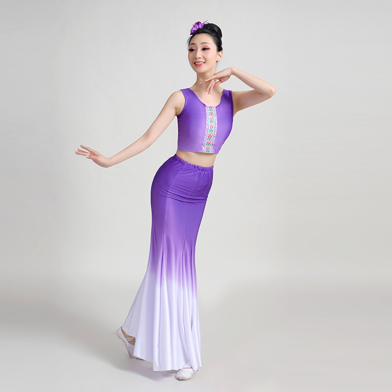 伊必圣傣族舞成人演出服女蹈服孔雀舞鱼尾裙练功舞蹈服装艺考表演跳舞