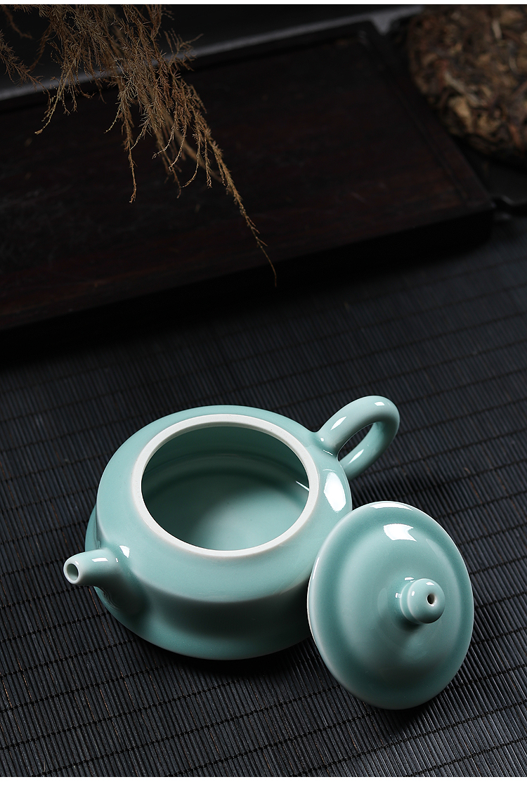 龙泉青瓷茶壶单壶手工弟窑粉青陶瓷功夫茶具带过滤泡茶壶扁壶家用粉青