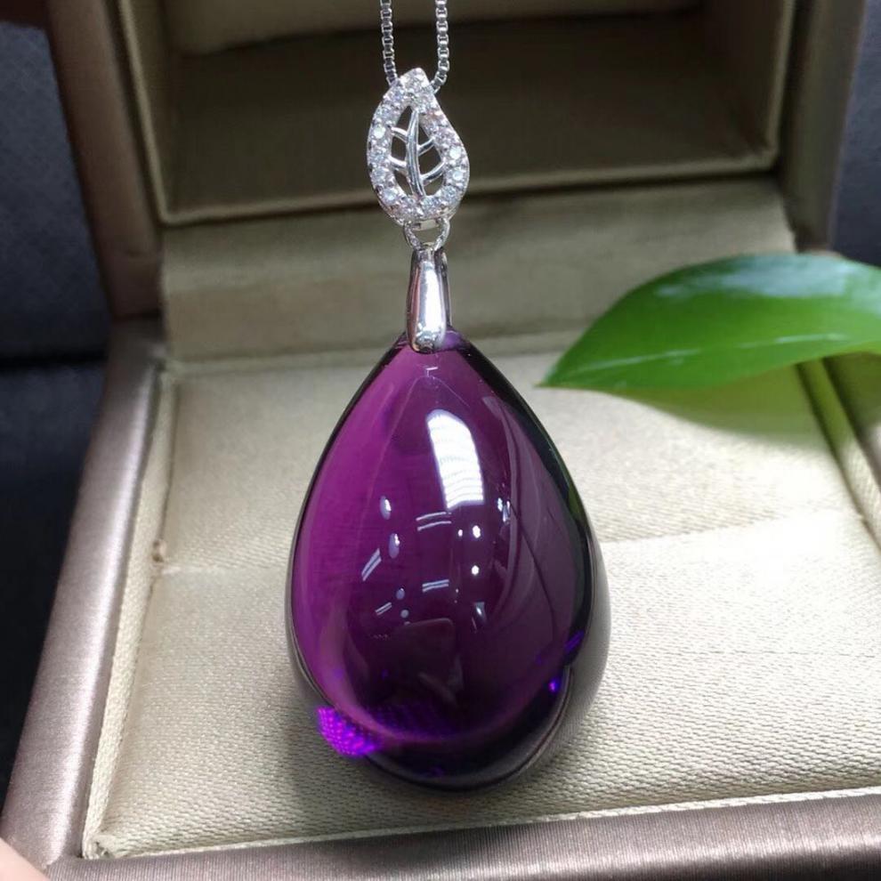 檀福匠宝石级乌拉圭紫水晶水滴吊坠项链深紫色925银女款锁骨链尺寸