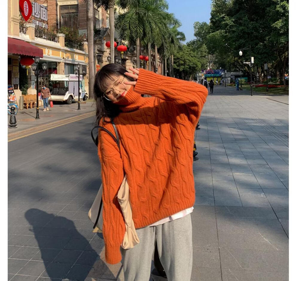 梦芙朵毛衣女2021秋冬新款时尚潮流橘色高领麻花宽松外穿慵懒风复古套