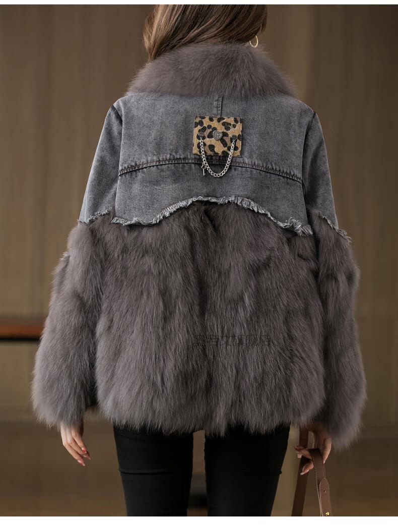 dkpe 海宁皮革城皮毛一体女装真的皮拼接皮草大衣皮草外套女士牛仔