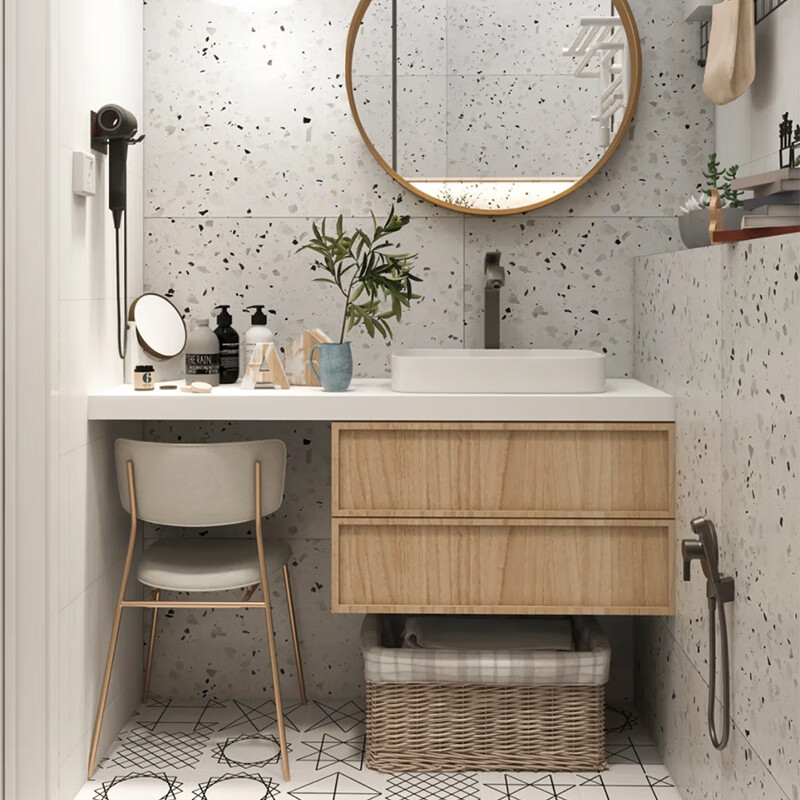 欧路莎卫生间梳妆台一体洗脸盆日式梳妆台一体浴室柜组合实木卫生间台