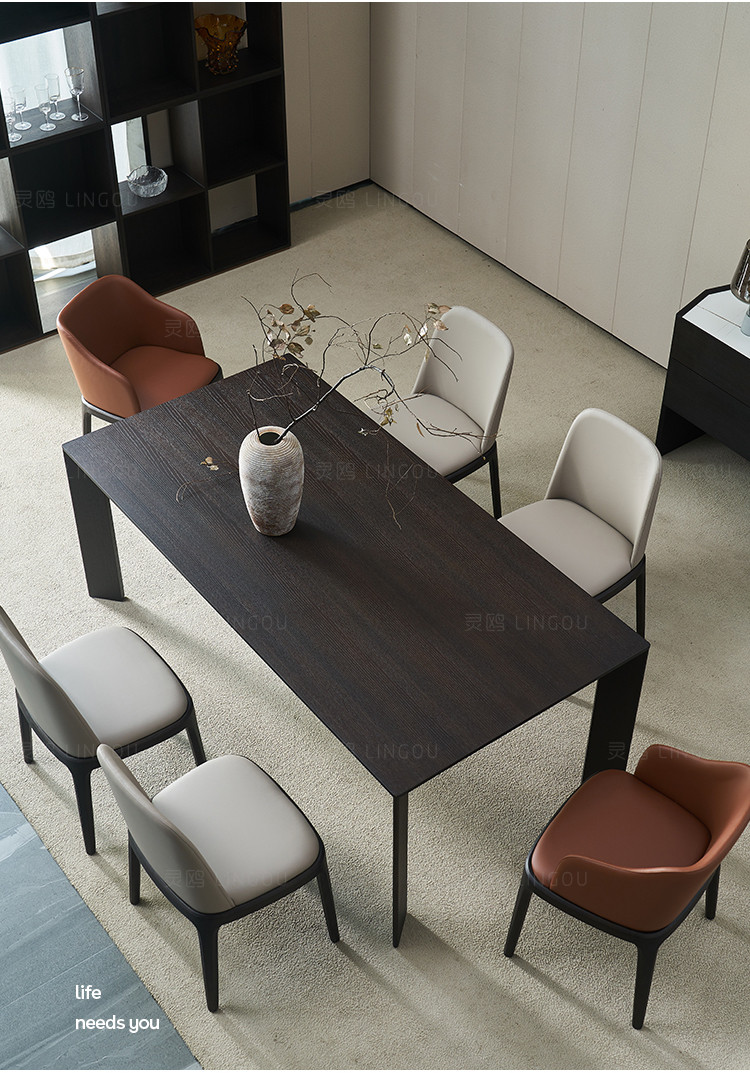 灵鸥实木餐桌烟熏色橡木意式现代极简侘寂风家具长方形黑色饭桌子烟熏
