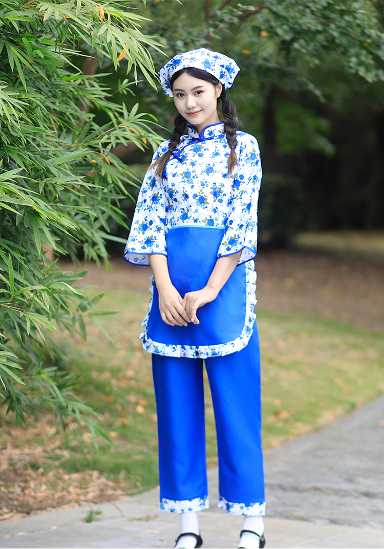 庆嫂村姑碎花采茶服装客家女百姓农民古装乡村民族舞蹈演出衣服网红