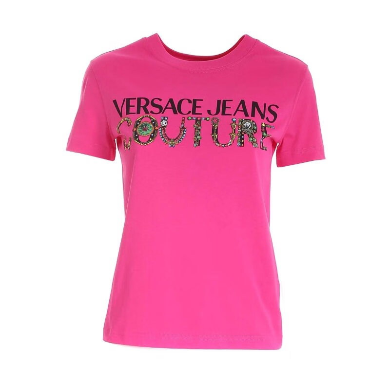 范思哲 女士纯色棉质经典彩色字母徽标印花装饰圆领短袖t恤上衣 白色