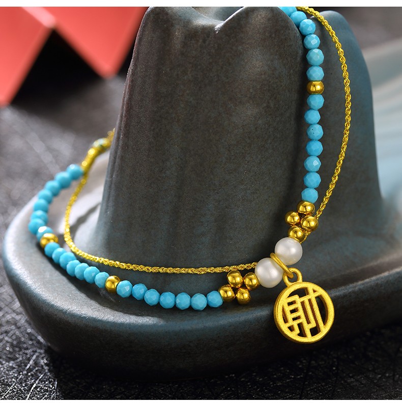 老凤凰黄金转运珠蓝松石手链女双层足金转运珠金珠手绳金饰 安字款