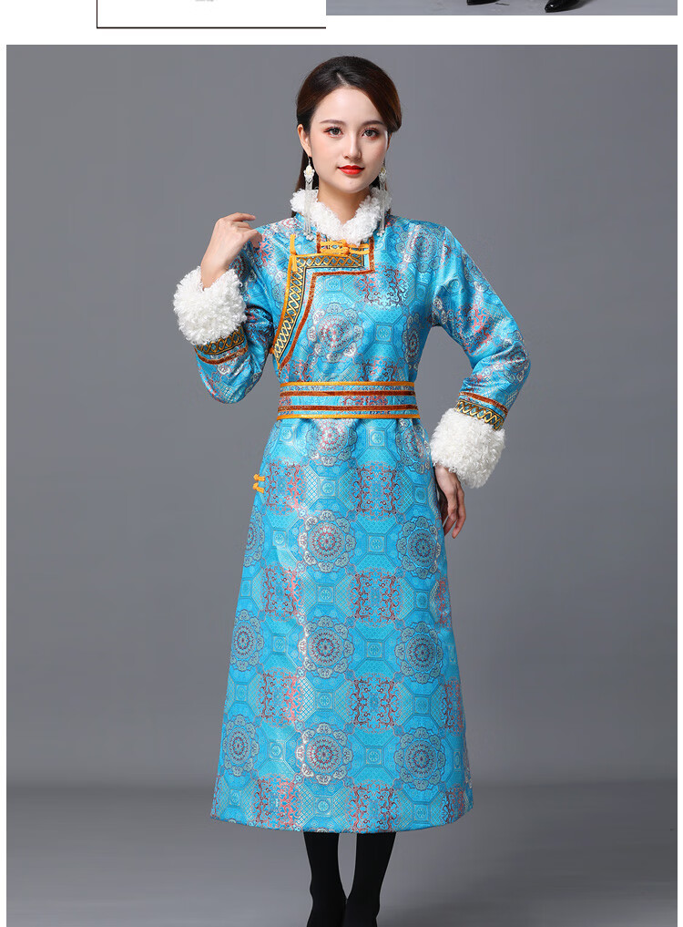 蒙古袍女生活装长款成人蒙古服装白色礼服演出表演舞蹈服女服士薄棉衣