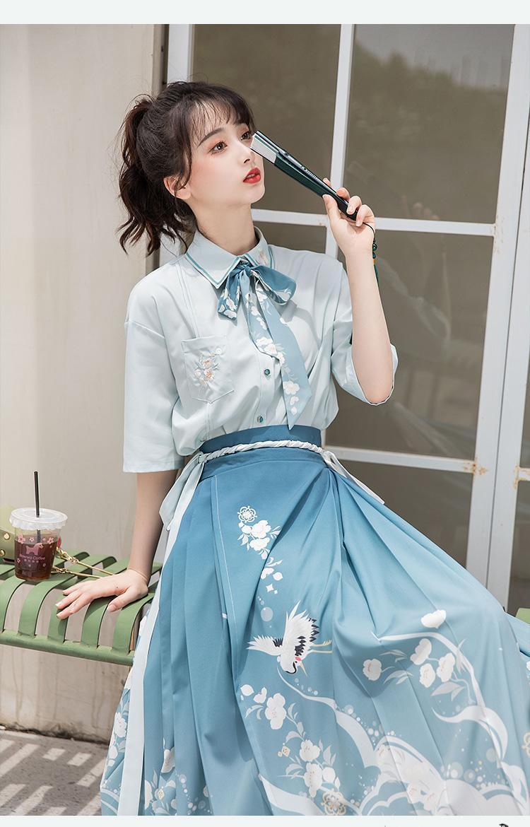 汉元素jk制服改良汉服女夏季刺绣衬衫渐变八分马面裙汉元素显瘦时尚