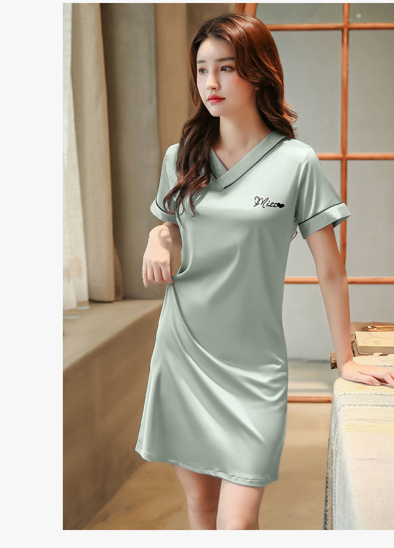 夏v领性感短款睡衣裙短袖夏天仿真丝2022新款家居服q8093沙绿色睡裙l
