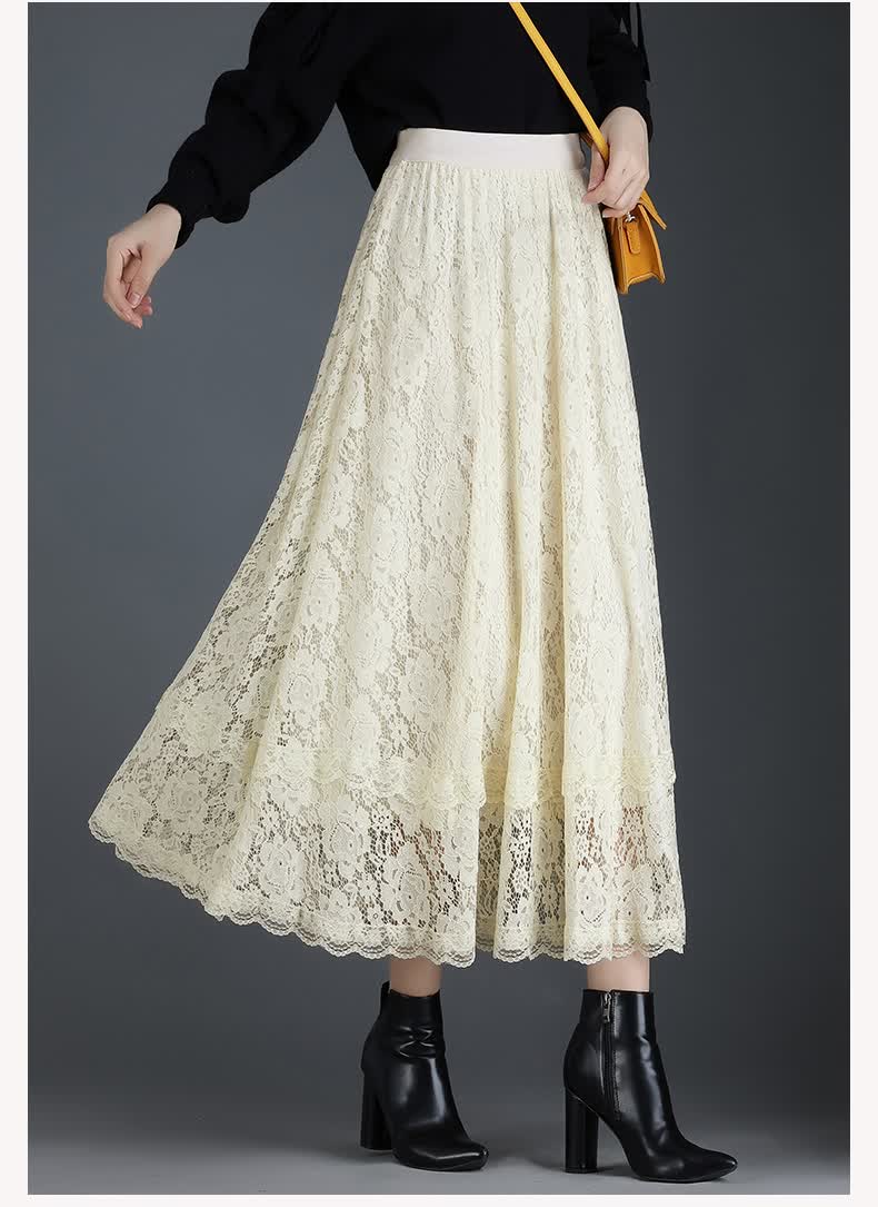 雷丝半身裙秋冬黑色裙子女新款蕾丝镂空高腰a字裙大摆裙长裙百褶黑色