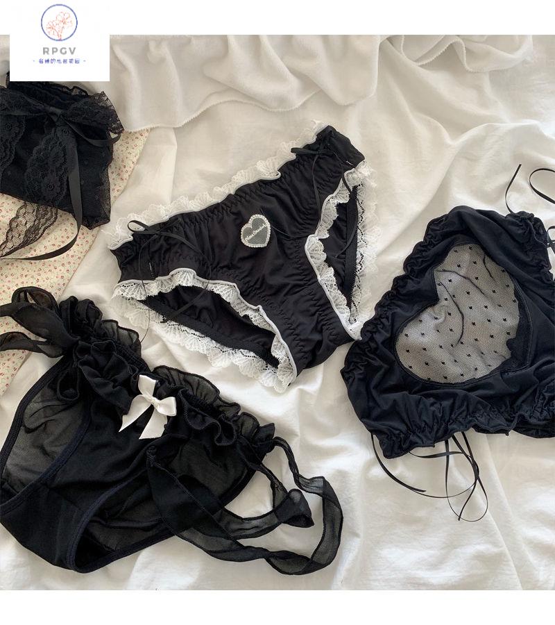 rpgv@jk黑色萝莉~少女日系可爱内裤女网纱性感蕾丝边中腰三角裤z 夹心
