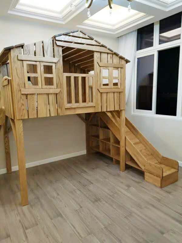 美式实木儿童树屋床双层美式儿童树屋床实木双层上下高低铺带滑梯阁楼
