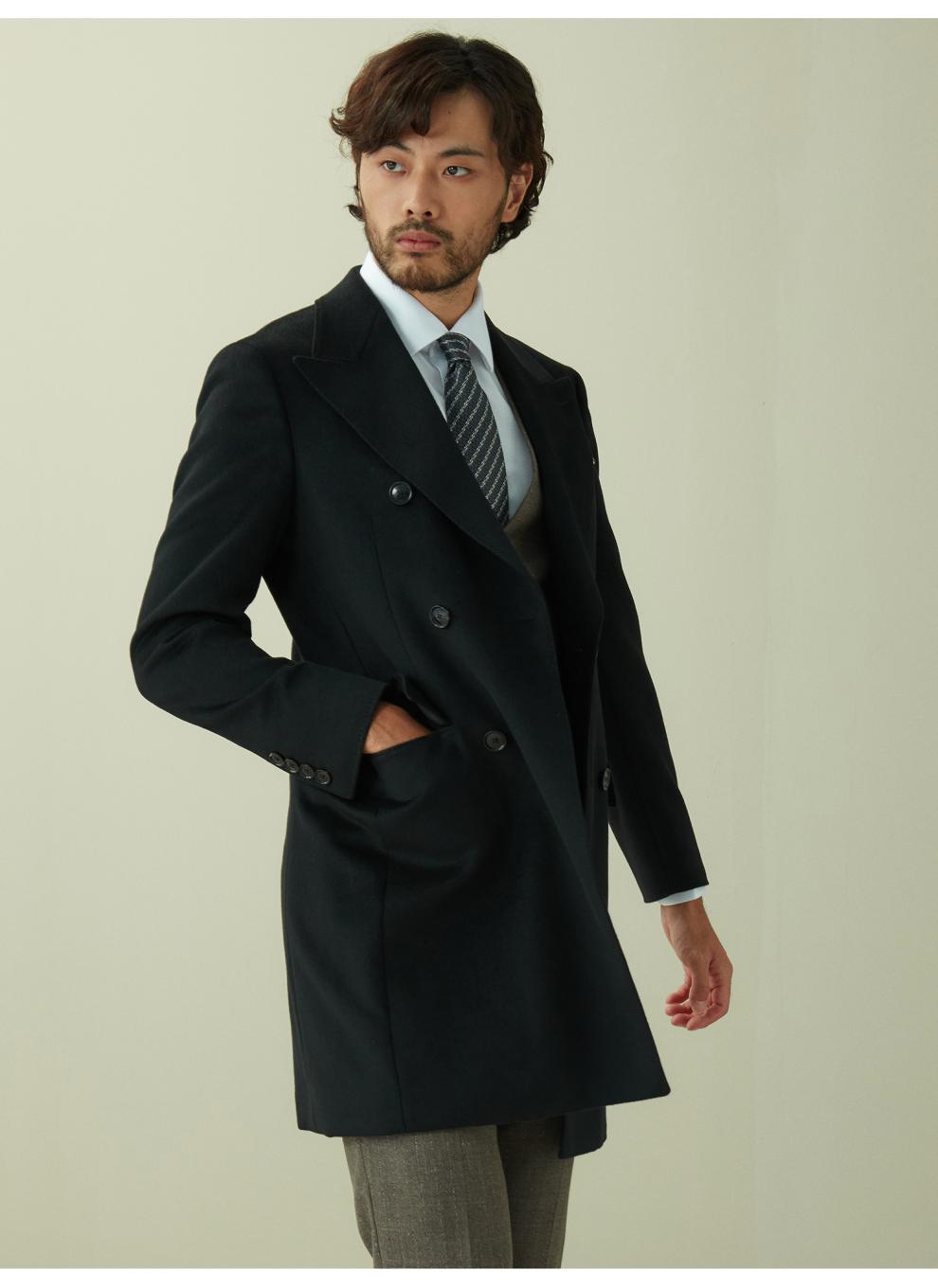 hany切斯特羊绒大衣男黑色商务休闲轻正装中长款双排扣高端男士毛呢外