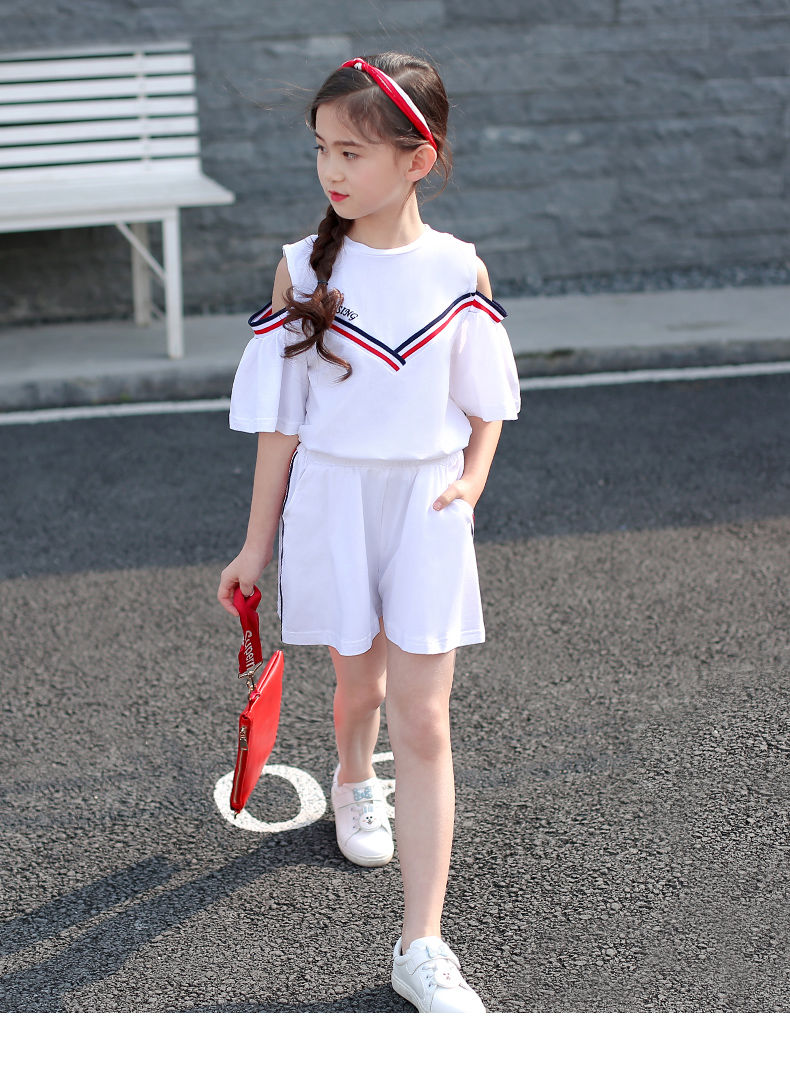 外出服夏装韩版时尚运动装时髦洋气两件套小孩衣服织带套装白色130