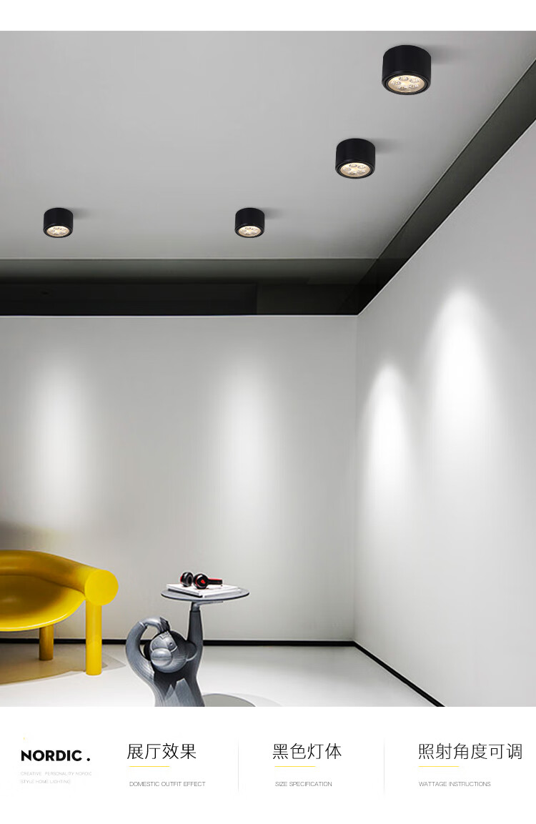 可调过道简约客厅吸顶圆形背景墙商用照画小佛山灯具照明3瓦黑色暖光