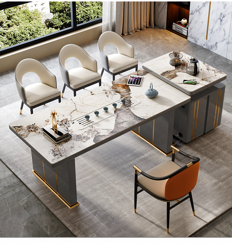 岛台茶桌餐桌一体轻奢岩板茶桌高端岛台餐桌一体两用大板茶桌椅组合