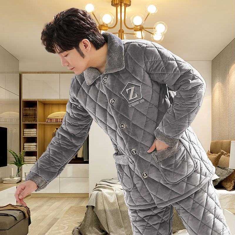 佐威米睡衣男冬季加绒加厚珊瑚绒冬款保暖法兰绒三层夹棉家居服套装外