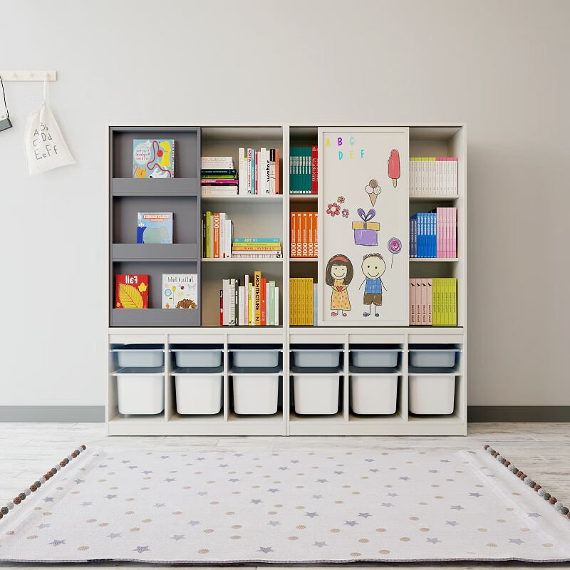 可比熊实木儿童书架收纳架一体大容量宝宝玩具分类置物书柜绘本架 4抽绘本架-蓝